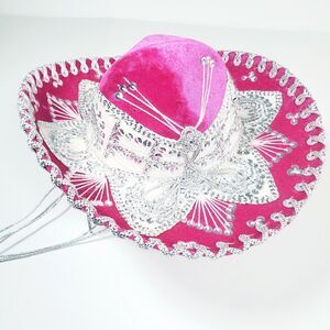 Mexican Women’s Hat Pink Silver Sombrero Charro Mariachi Embroidered 21" Circumf